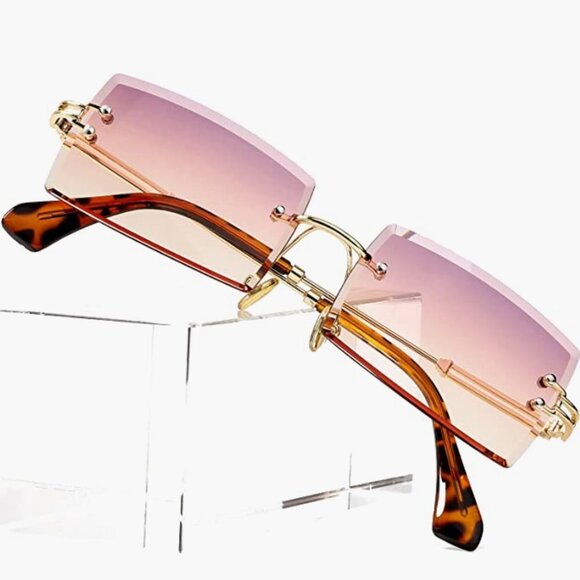 Retro Pink Clear Ombre Rimless Rectangle Square Sunglasses Vintage Shades - Picture 4 of 7
